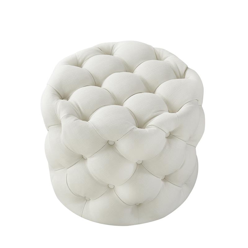 Posh Living Michalina Modern Linen Fabric 1Pc Round Ottoman in Cream/White