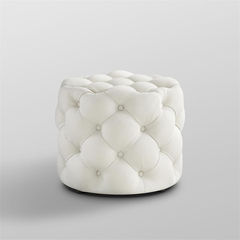 Posh Living Michalina Modern Linen Fabric 1Pc Round Ottoman in Cream/White