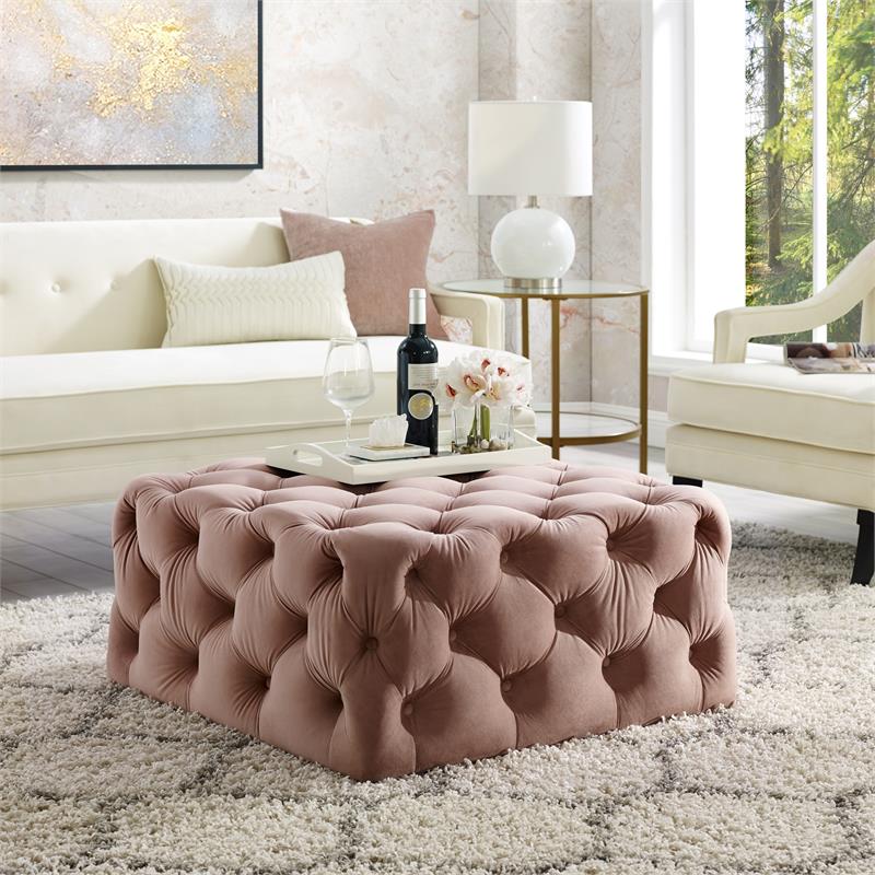 Posh Living Ramon Modern Velvet Cocktail Ottoman Blush Pink