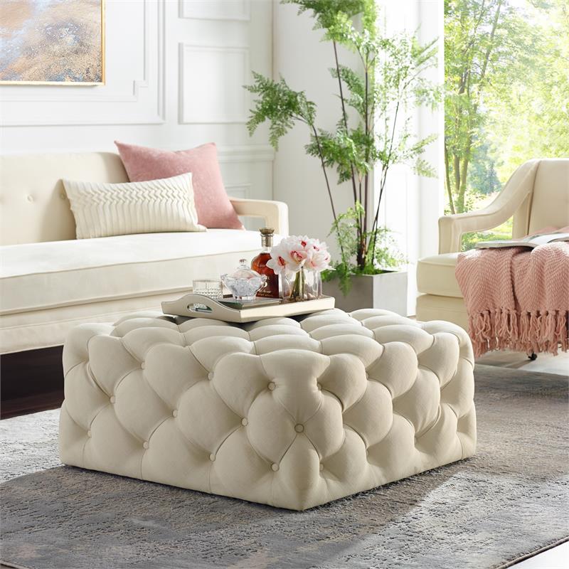 Posh Living Ramon Modern Linen Fabric Cocktail Ottoman in Cream/White