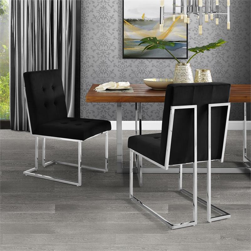 Posh Living Evan Velvet Dining Side Chair in Black/Chrome (Set of 2)