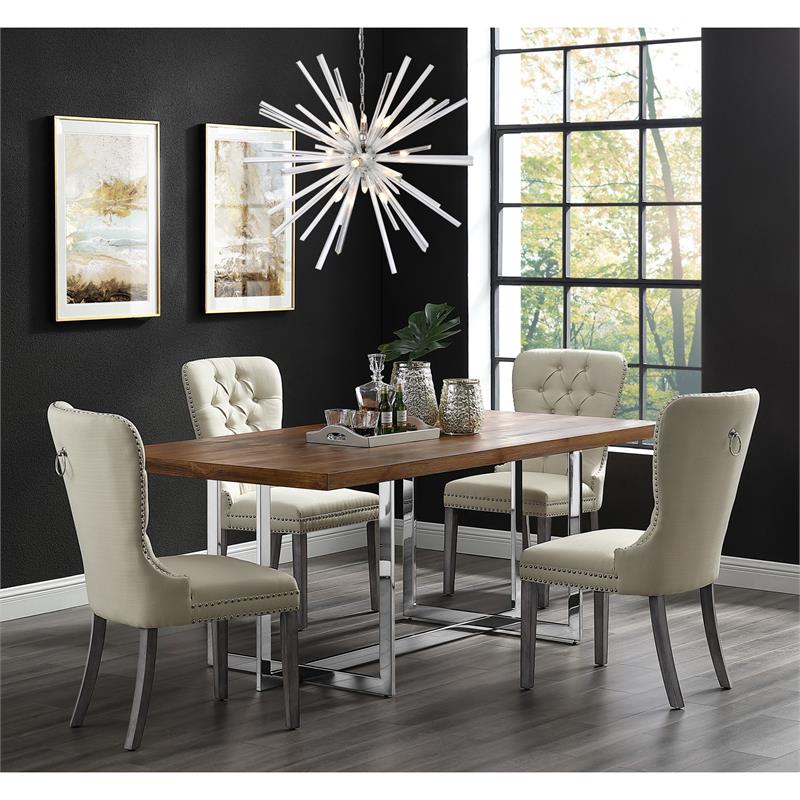 Posh Arthur Linen Fabric Dining Chair with Nailhead Trim Cream/White (Set of 2)