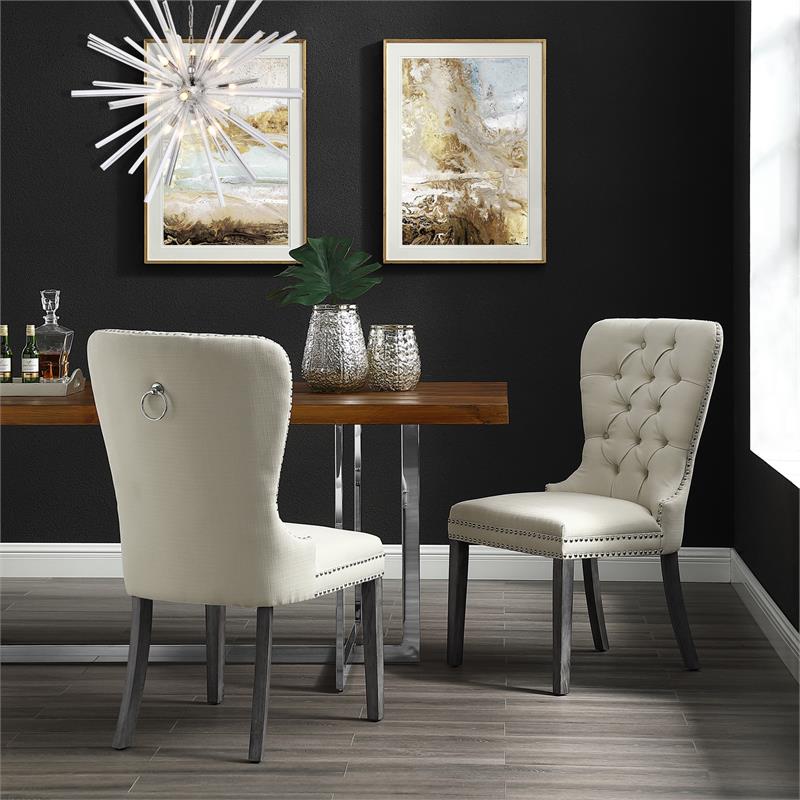 Posh Arthur Linen Fabric Dining Chair with Nailhead Trim Cream/White (Set of 2)