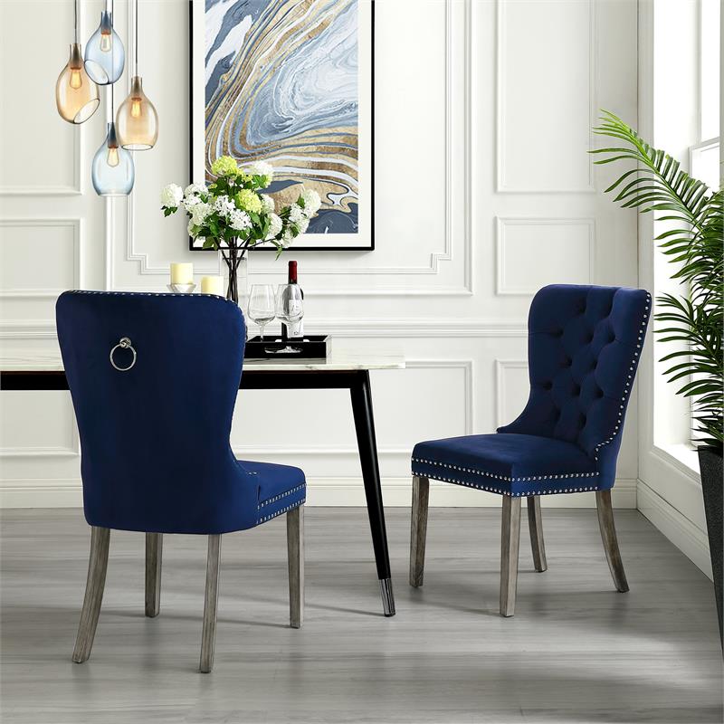 Posh Arthur Velvet Dining Chair with Nailhead Trim Navy Blue (Set of 2)