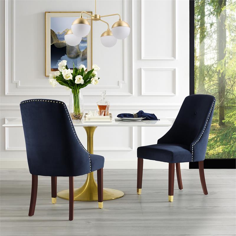 Posh Zoe Velvet Dining Chair with Nailhead Trim in Navy Blue/Gold (Set of 2)