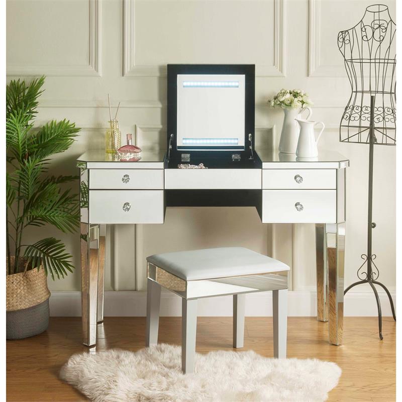 Posh Living Curt 4-Storage Drawers Mirrored Flip Top LED Vanity Table in Black