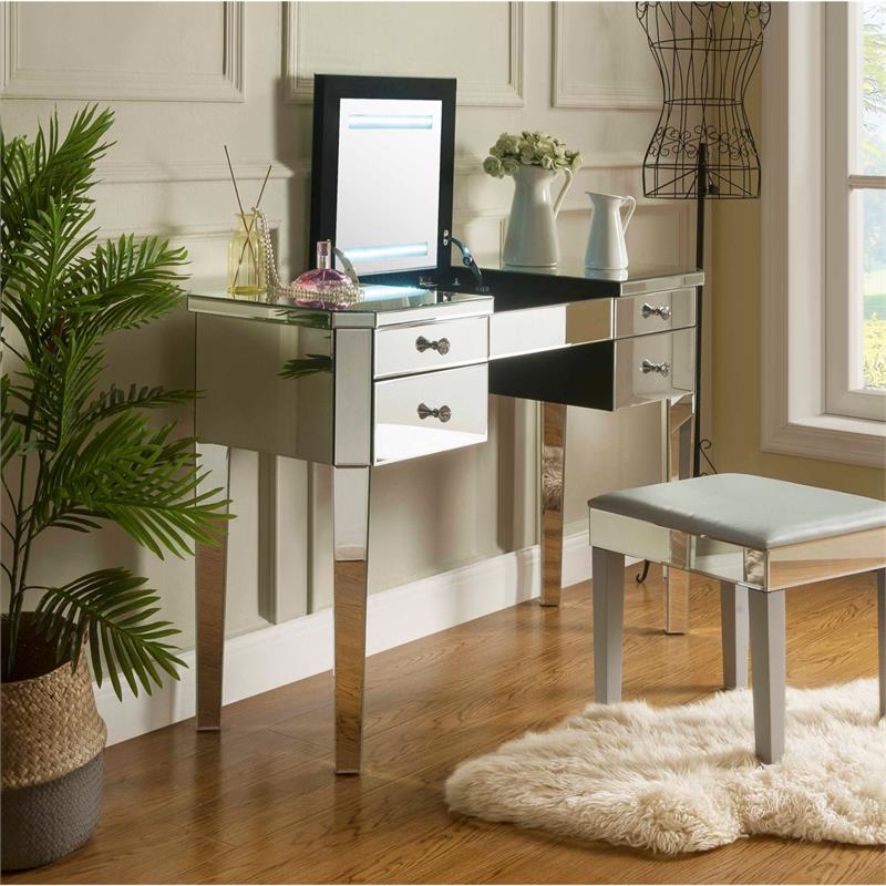 Posh Living Curt 4-Storage Drawers Mirrored Flip Top LED Vanity Table in Black