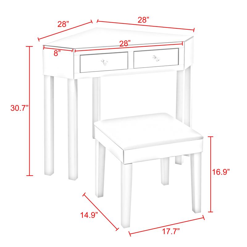 Posh Living Perry Mirrored Corner Bedroom Vanity with Stool in White