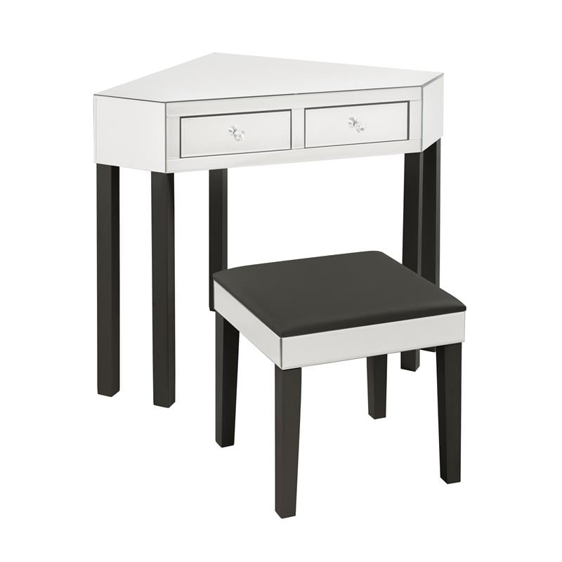 Posh Living Perry Mirrored Corner Bedroom Vanity with Stool in Black