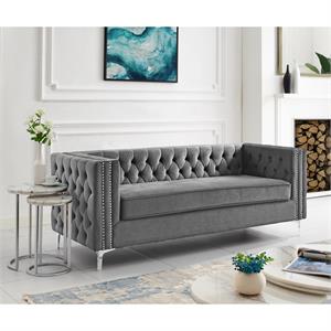 Posh Living Levi Tufted Velvet 3-Seat Sofa with Nailhead Trim in Gray