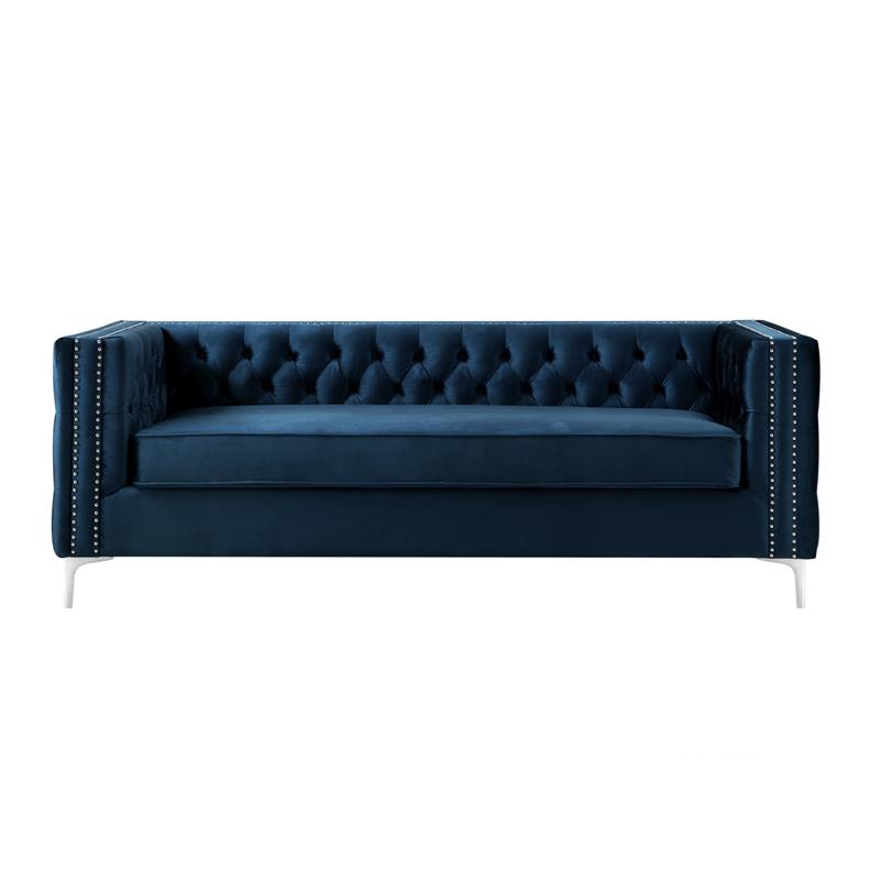 Posh Living Levi Tufted Velvet 3-Seat Sofa with Nailhead Trim in Navy Blue