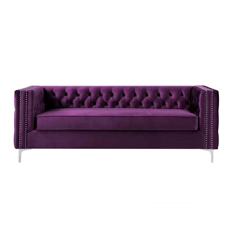 Posh Living Levi Tufted Velvet 3-Seat Sofa with Nailhead Trim in Purple
