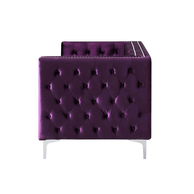 Posh Living Levi Tufted Velvet 3-Seat Sofa with Nailhead Trim in Purple