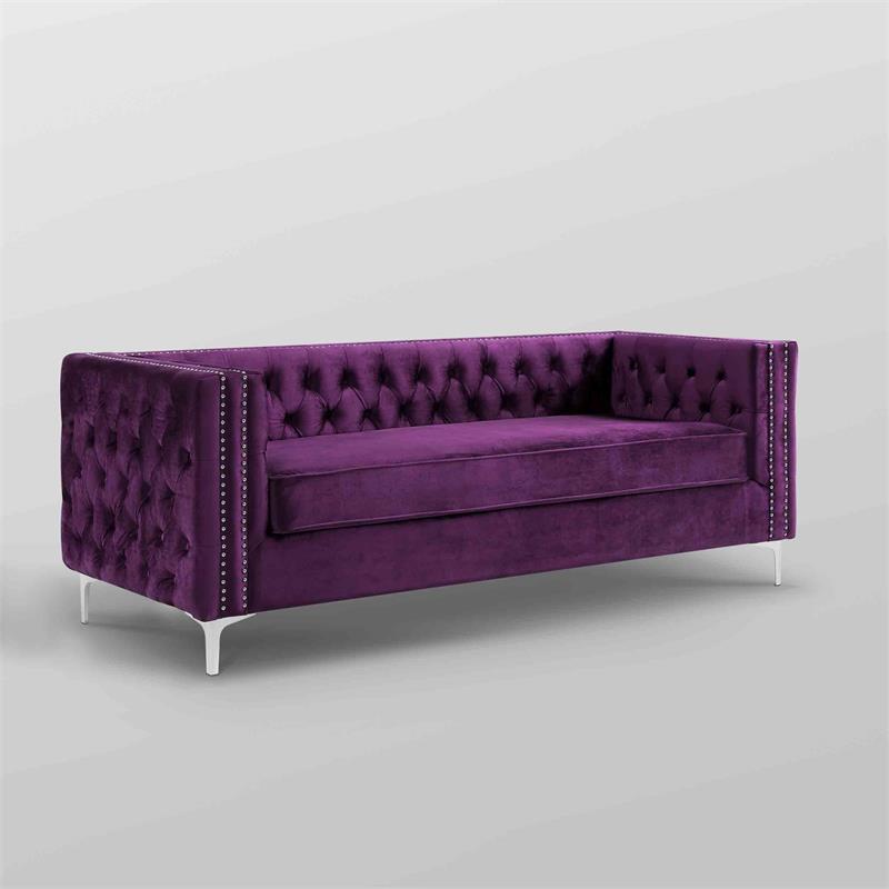 Posh Living Levi Tufted Velvet 3-Seat Sofa with Nailhead Trim in Purple