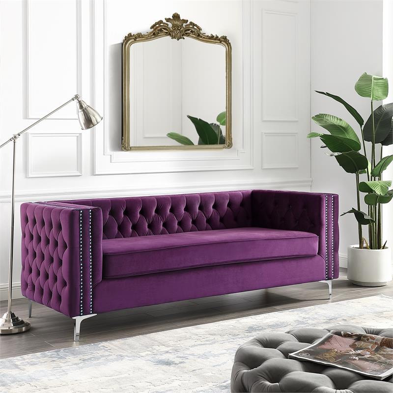 Posh Living Levi Tufted Velvet 3-Seat Sofa with Nailhead Trim in Purple
