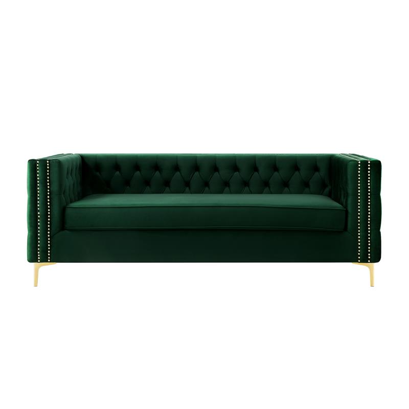 Posh Living Levi Tufted Velvet 3-Seat Sofa with Nailhead Trim in Hunter Green