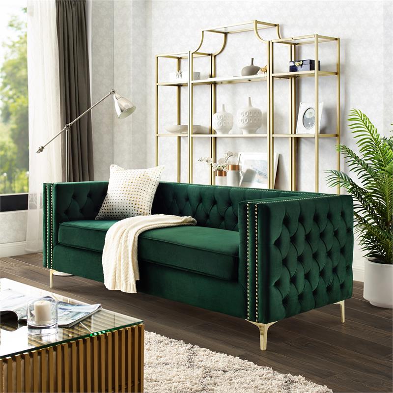 Posh Living Levi Tufted Velvet 3-Seat Sofa with Nailhead Trim in Hunter Green