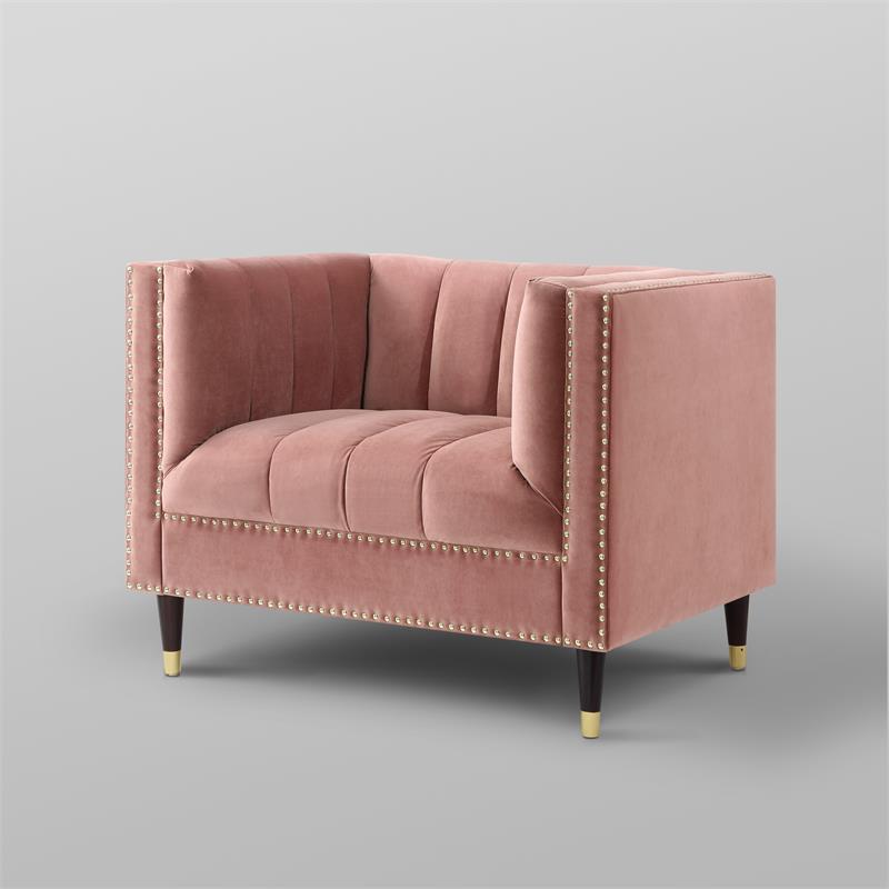 Posh Living Soraya Velvet Accent Chair with Nailhead Trim in Blush/Gold