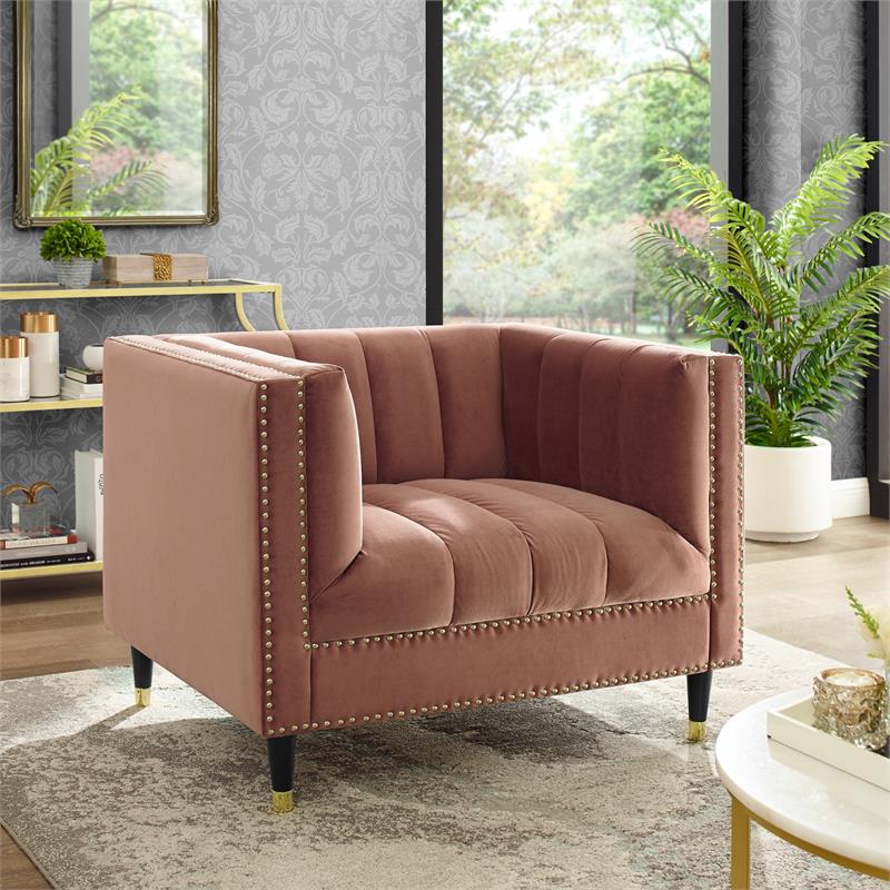 Posh Living Soraya Velvet Accent Chair with Nailhead Trim in Blush/Gold