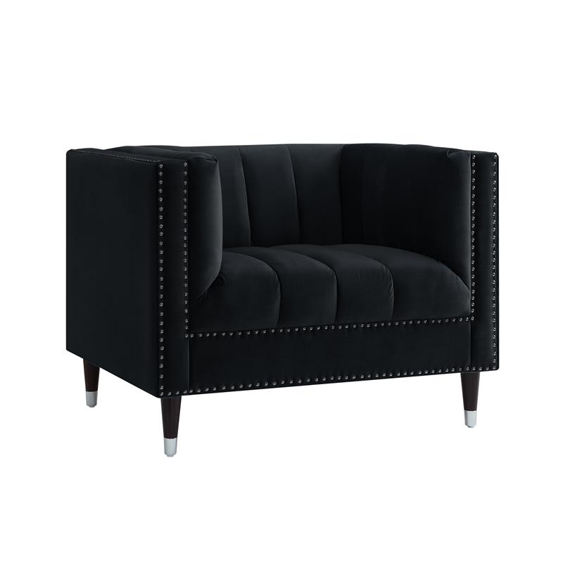 Posh Living Soraya Velvet Accent Chair with Nailhead Trim in Black/Chrome
