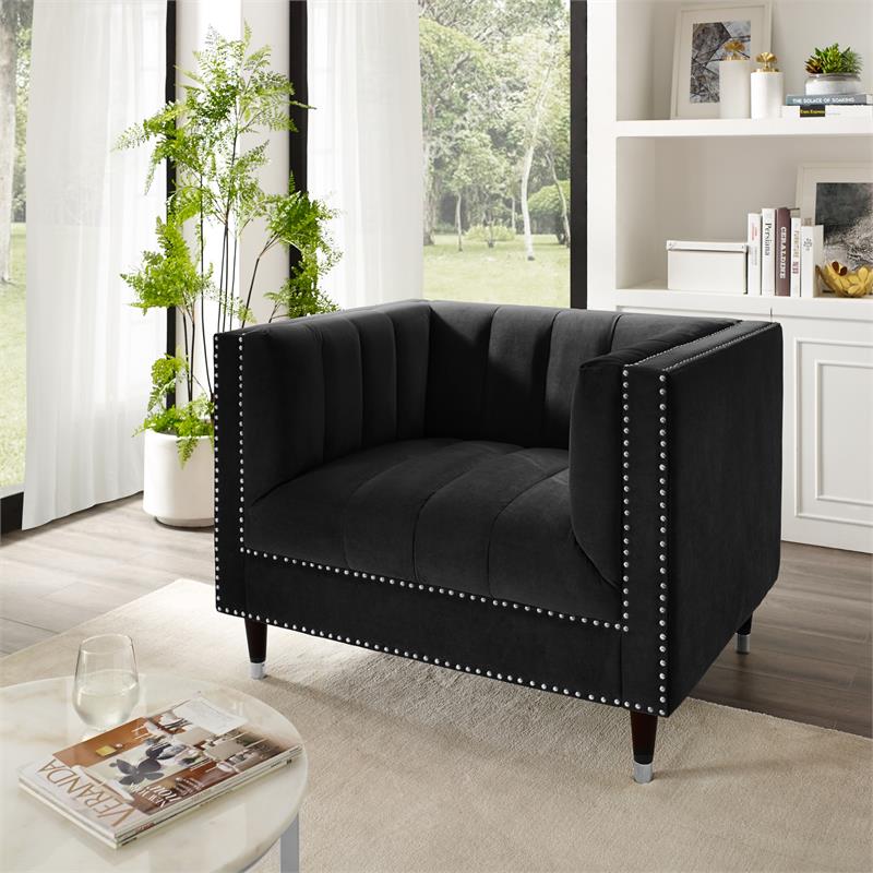 Posh Living Soraya Velvet Accent Chair with Nailhead Trim in Black/Chrome