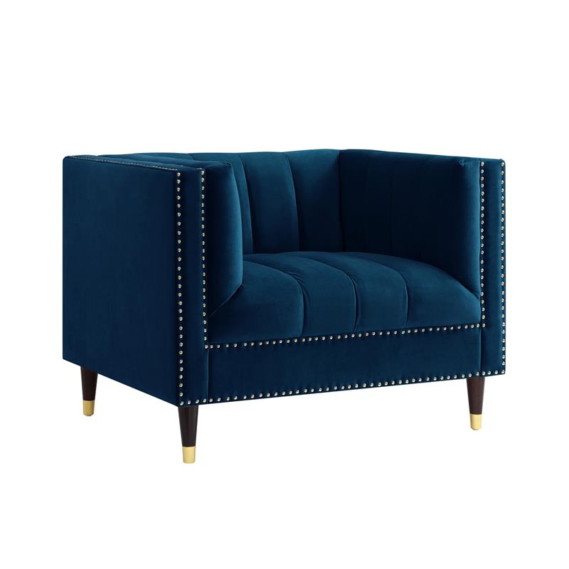 Posh Living Soraya Velvet Accent Chair with Nailhead Trim in Navy/Gold