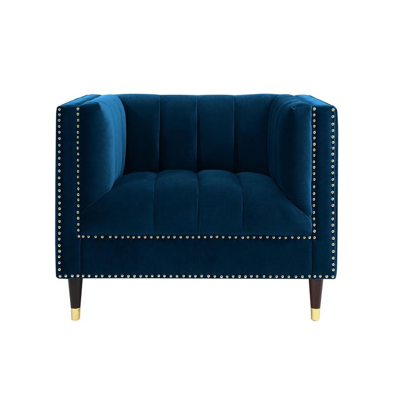 Posh Living Soraya Velvet Accent Chair with Nailhead Trim in Navy/Gold