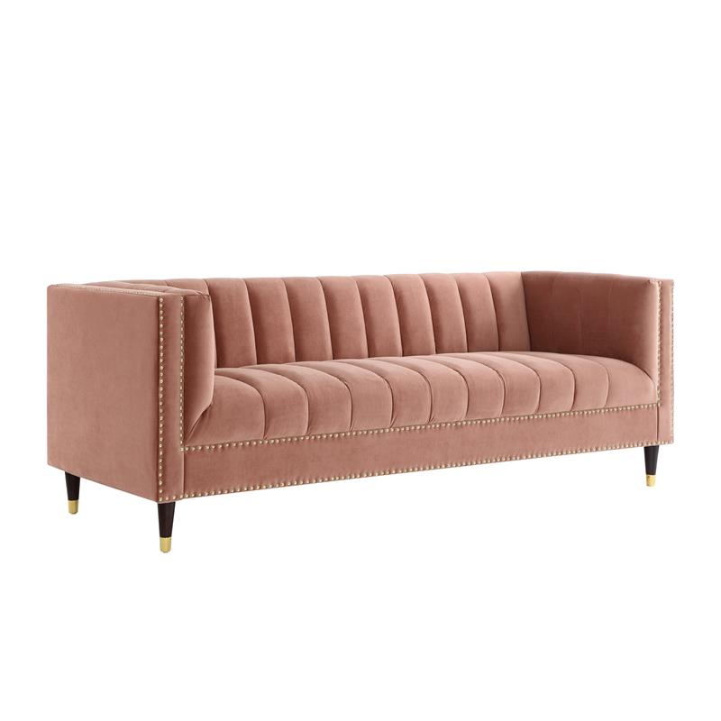 Posh Living Soraya Tufted Velvet Sofa with Nailhead Trim in Blush Pink/Gold