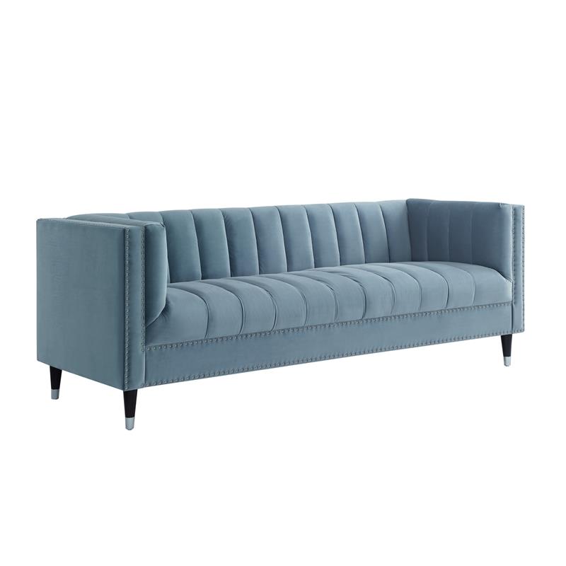 Posh Living Soraya Tufted Velvet Sofa with Nailhead Trim in Slate Blue/Chome