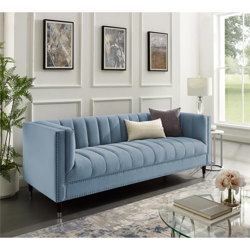 Posh Living Soraya Tufted Velvet Sofa with Nailhead Trim in Slate Blue/Chome