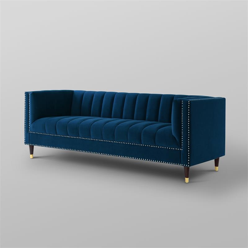 Posh Living Soraya Tufted Velvet Sofa with Nailhead Trim in Navy/Gold
