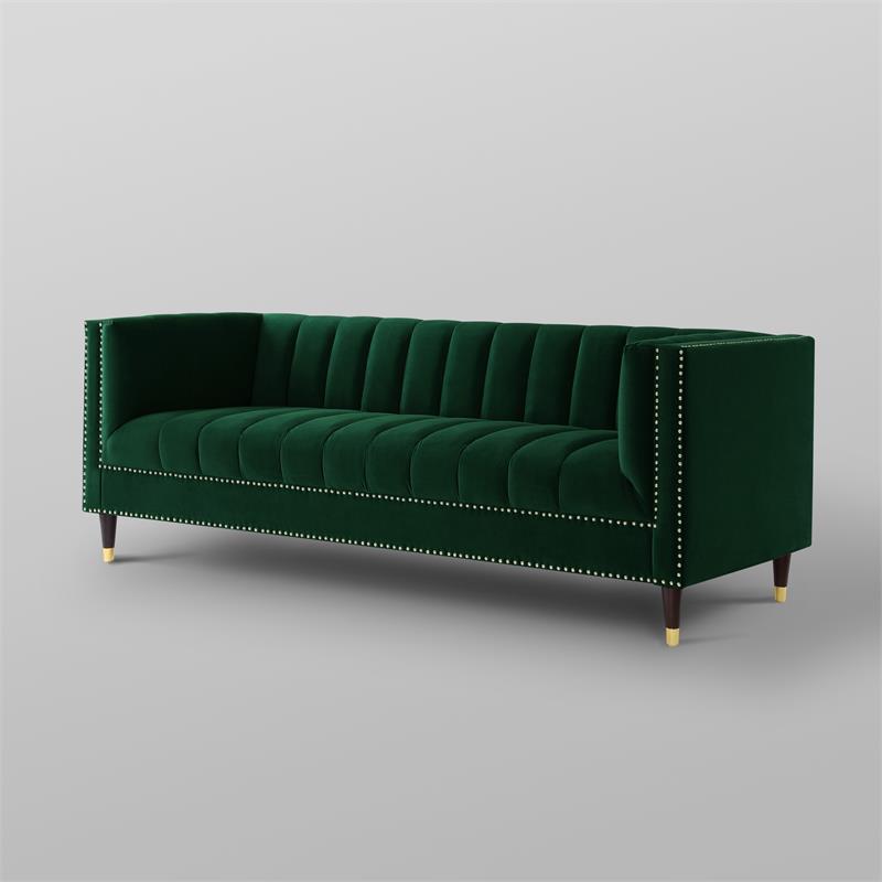 Posh Living Soraya Tufted Velvet Sofa with Nailhead Trim in Hunter Green/Gold