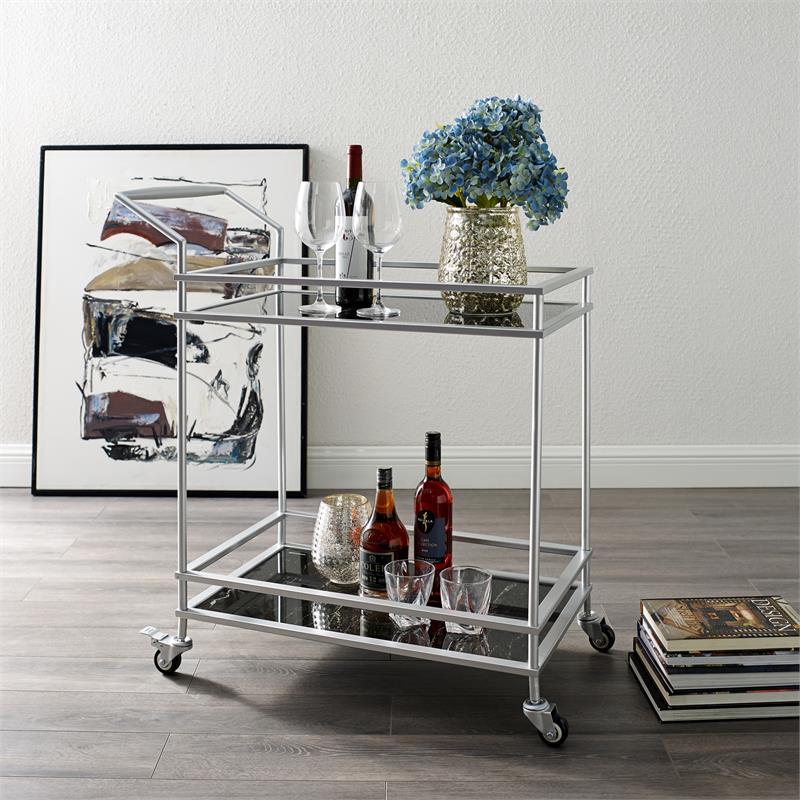 Posh Living Karin Tempered Glass Shelf Bar Serving Cart in Silver/Black