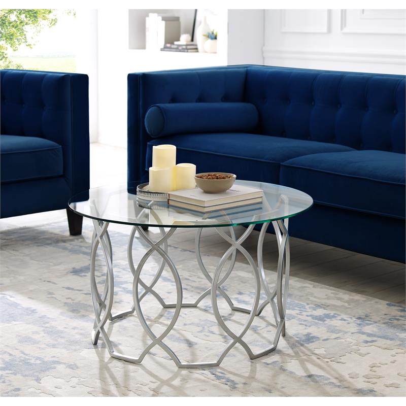 Posh Living Nadia Round Glass Top Coffee Table in Silver