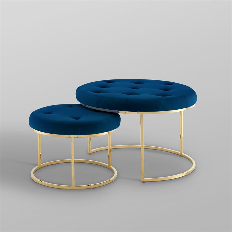 Posh Living Aaden Tufted Velvet Nesting Ottoman in Navy Blue/Gold (Set of 2)