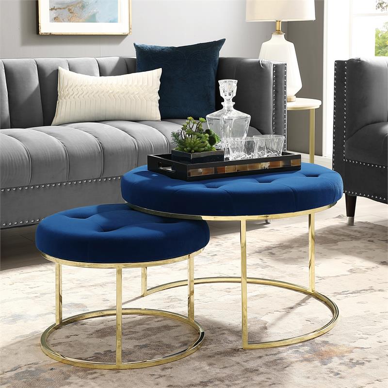 Posh Living Aaden Tufted Velvet Nesting Ottoman in Navy Blue/Gold (Set of 2)