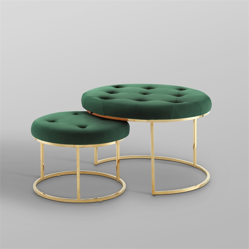 Posh Living Aaden Tufted Velvet Nesting Ottoman in Green/Gold (Set of 2)