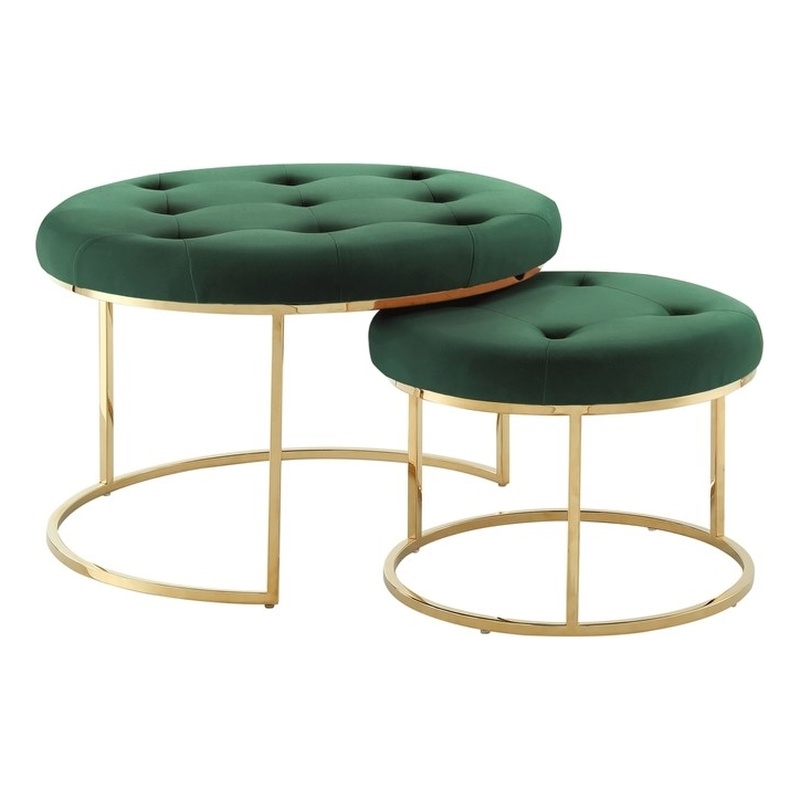 Posh Living Aaden Tufted Velvet Nesting Ottoman in Green/Gold (Set of 2)