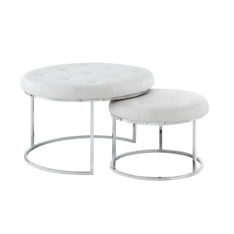Posh Living Aaden Tufted Faux Leather Nesting Ottoman in White/Chrome (Set of 2)