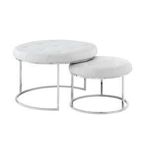 Posh Living Aaden Tufted Faux Leather Nesting Ottoman in White/Chrome (Set of 2)