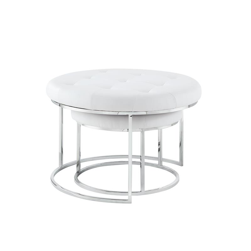 Posh Living Aaden Tufted Faux Leather Nesting Ottoman in White/Chrome (Set of 2)