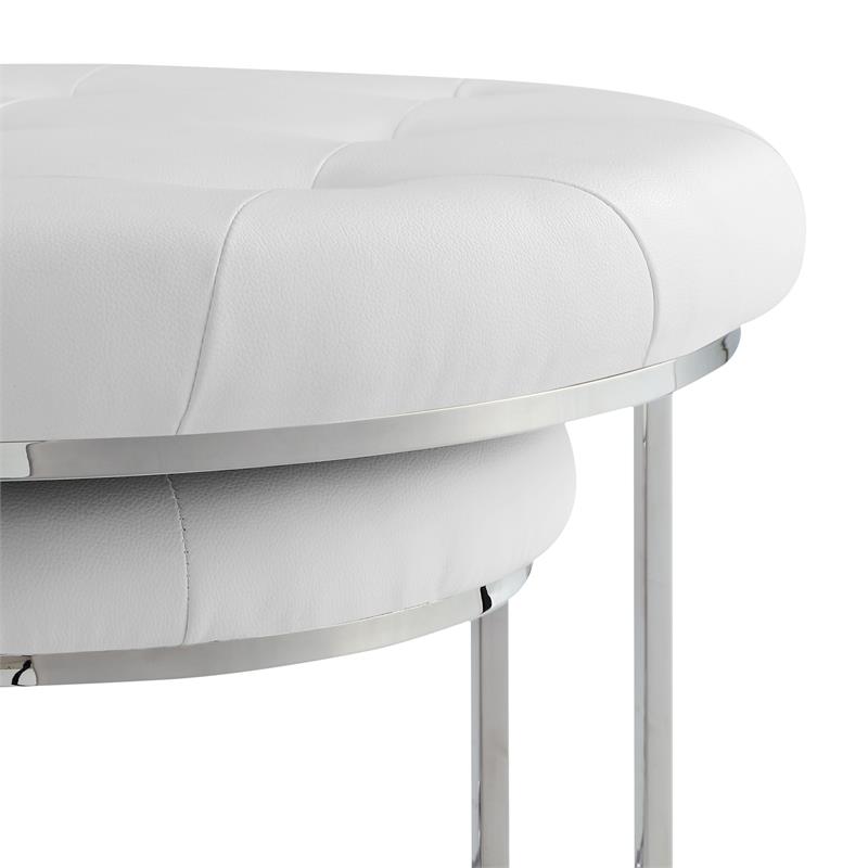 Posh Living Aaden Tufted Faux Leather Nesting Ottoman in White/Chrome (Set of 2)