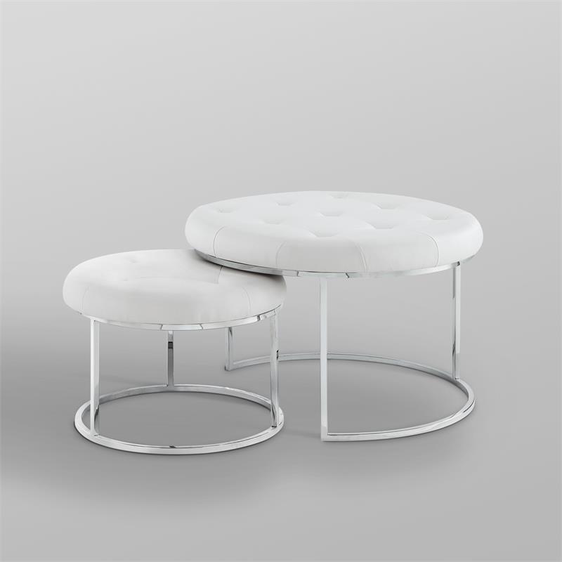 Posh Living Aaden Tufted Faux Leather Nesting Ottoman in White/Chrome (Set of 2)
