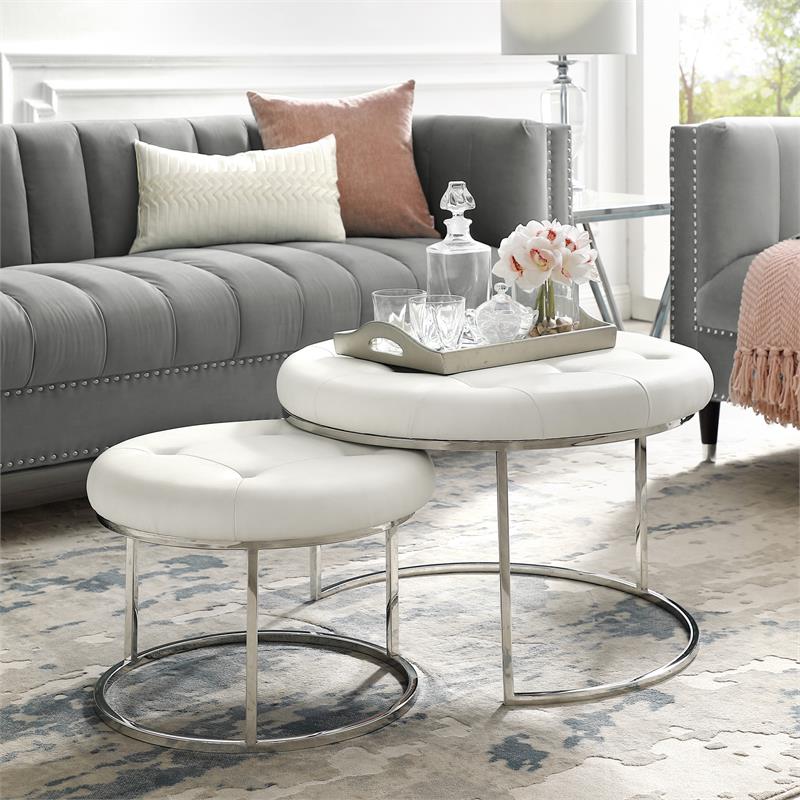 Posh Living Aaden Tufted Faux Leather Nesting Ottoman in White/Chrome (Set of 2)