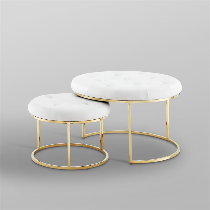 Posh Living Aaden Tufted Faux Leather Nesting Ottoman in White/Gold (Set of 2)