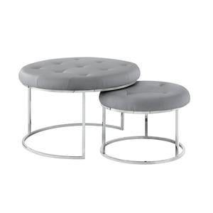 Posh Living Aaden Tufted Faux Leather Nesting Ottoman in Gray/Chrome (Set of 2)