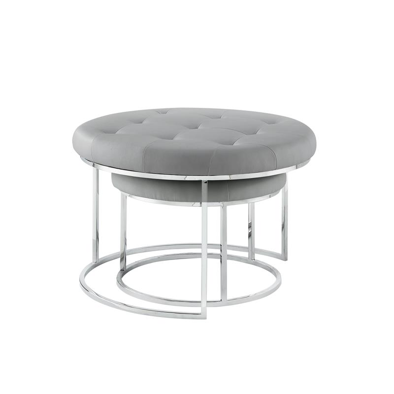 Posh Living Aaden Tufted Faux Leather Nesting Ottoman in Gray/Chrome (Set of 2)