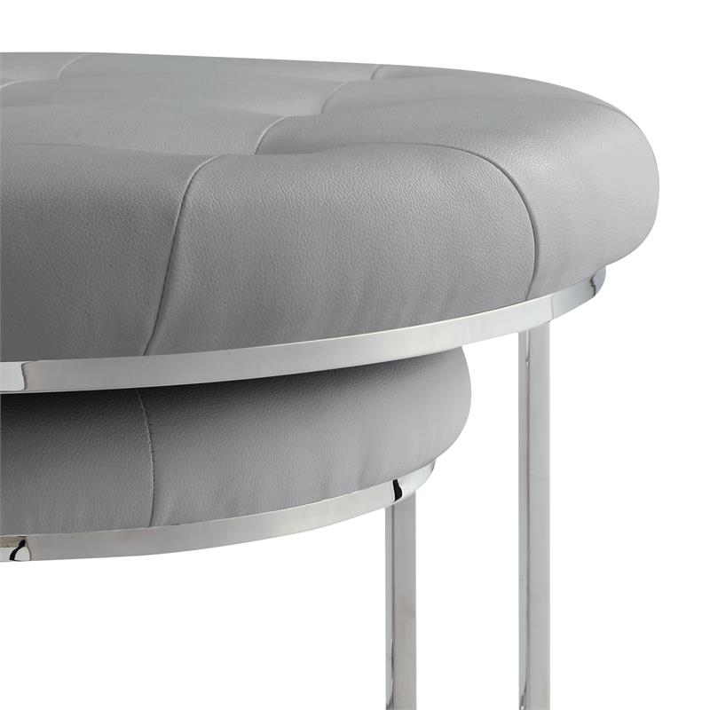 Posh Living Aaden Tufted Faux Leather Nesting Ottoman in Gray/Chrome (Set of 2)