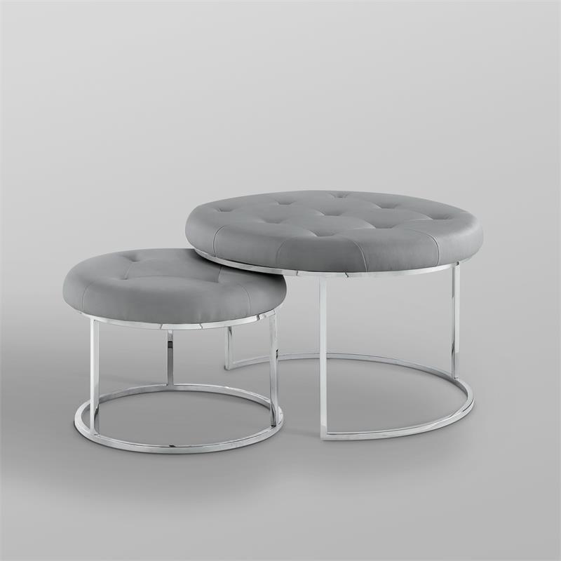Posh Living Aaden Tufted Faux Leather Nesting Ottoman in Gray/Chrome (Set of 2)