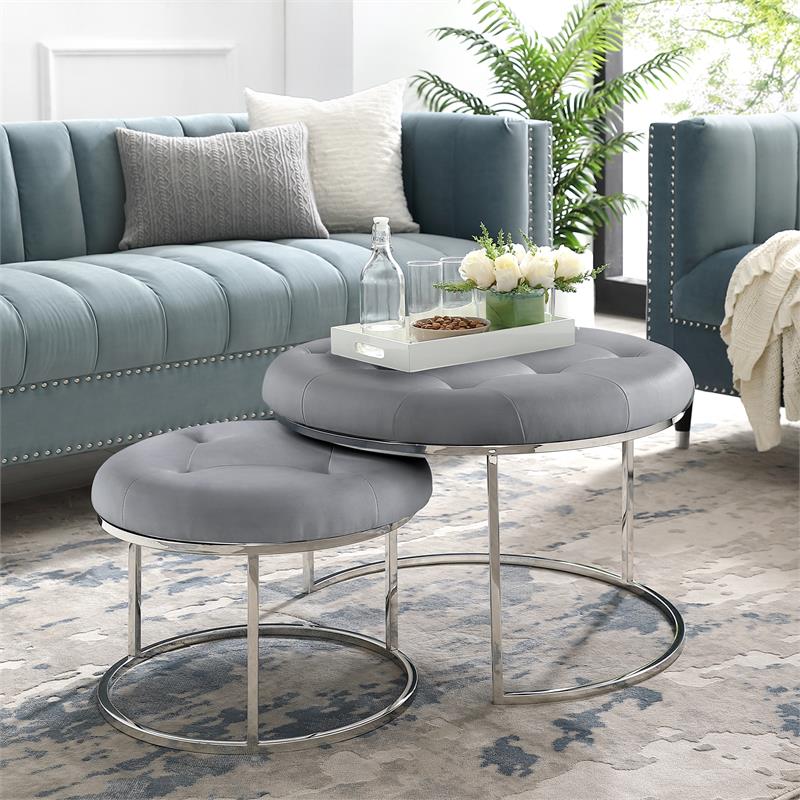 Posh Living Aaden Tufted Faux Leather Nesting Ottoman in Gray/Chrome (Set of 2)